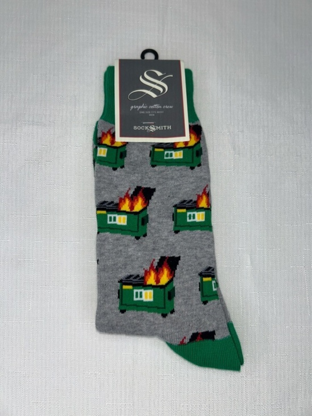 Socksmith Men’s Cotton Grey Crew Socks with Green Dumpster Fire Pattern New